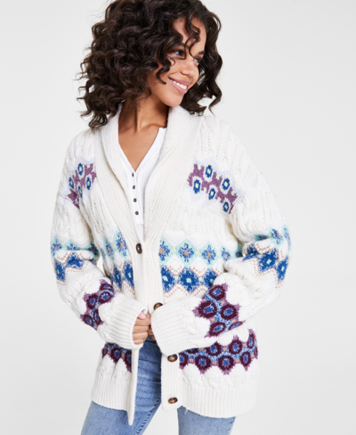Shop Lucky Brand Women's Shawl-collar Intarsia-knit Cardigan In Whisper White Combo