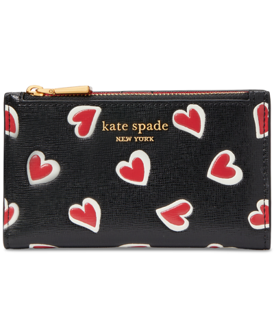 Shop Kate Spade Morgan Stencil Hearts Printed Saffiano Leather Slim Bifold Wallet In Black