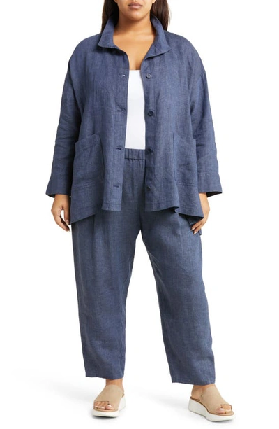 Eileen Fisher Blue Cropped Linen Trousers In Dusk