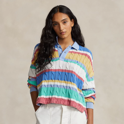 Shop Ralph Lauren Striped Cable Long-sleeve Polo Shirt In Multi Stripe