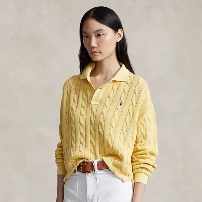 Shop Ralph Lauren Cable Cotton Long-sleeve Polo Shirt In Fall Yellow