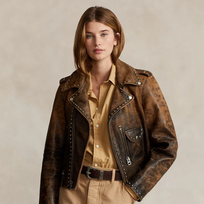 Shop Ralph Lauren Studded Leather Moto Jacket In Brown/amber