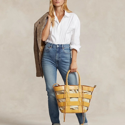 Shop Ralph Lauren Leather Medium Basket-weave Bag In Faded Sunflower