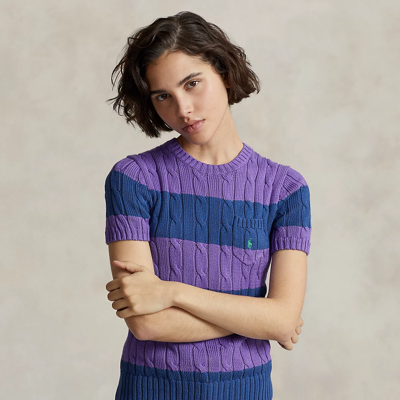 Shop Ralph Lauren Striped Cable-knit Short-sleeve Sweater In Spring Violet/gem Blue