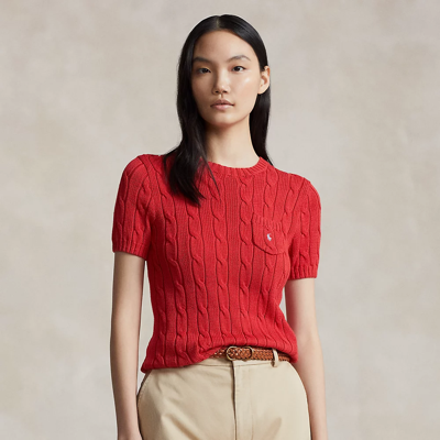 Shop Ralph Lauren Cable-knit Cotton Short-sleeve Sweater In Post Red