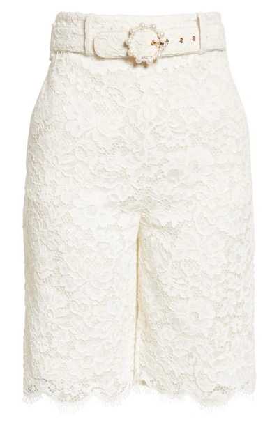 Shop Zimmermann High Tide Belted Longline Guipure Lace Shorts In Ivory