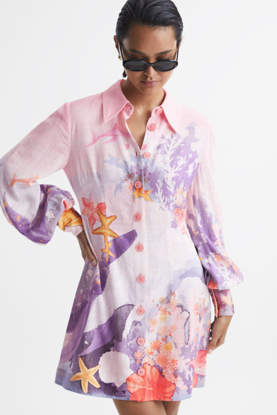 Shop Leo Lin Rayon Linen Blouson Sleeve Mini Dress In Neptune Print Coral