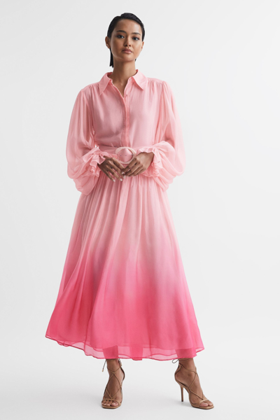 Shop Leo Lin Rayon Silk Tie Neck Midi Dress In Ombre Pink