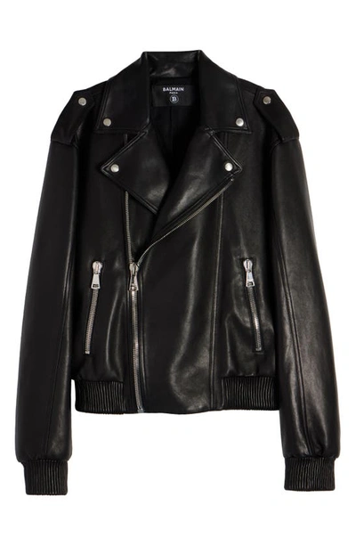 Shop Balmain Lambskin Leather Moto Jacket In Black