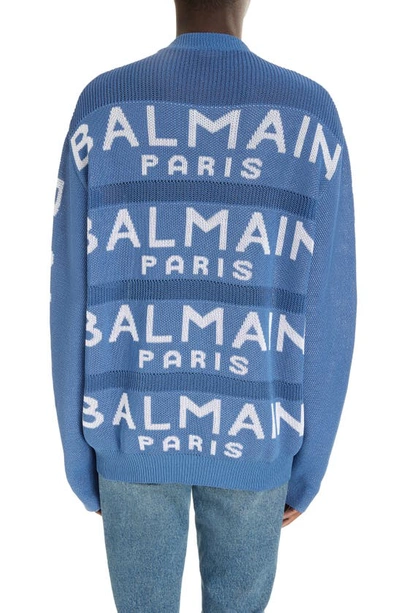 Shop Balmain Logo Jacquard Crewneck Sweater In Slj Pale Blue/ White