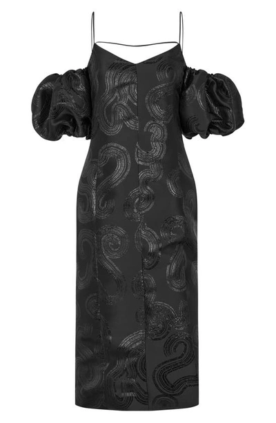 Shop Stine Goya Ditta Off The Shoulder Puff Sleeve Midi Sheath Dress In Black Swirl