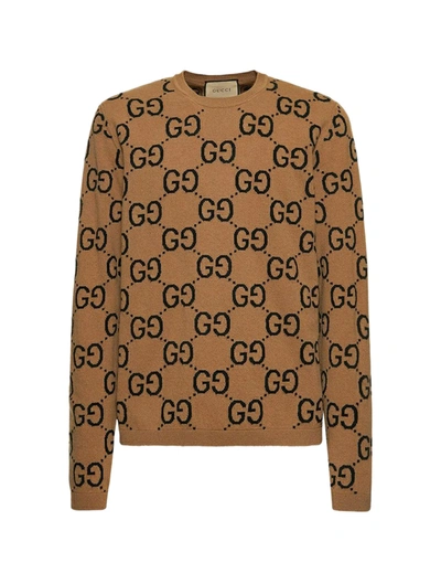 Shop Gucci Jacquard Gg Motif Sweater In Brown