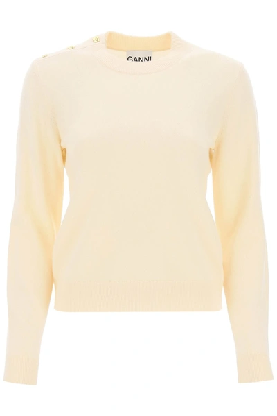 Shop Ganni Sweater With  Butterfly Buttons In Beige