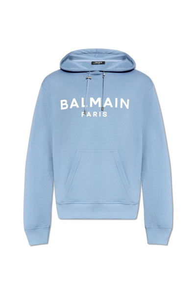 Shop Balmain Logo Printed Drawstring Hoodie In Blue