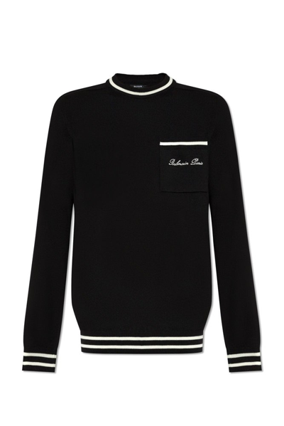 Shop Balmain Logo Embroidered Knitted Jumper In Black