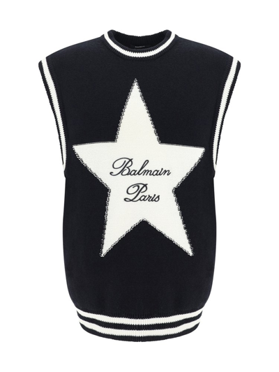 Shop Balmain Logo Embroidered Sleeveless Jumper In Black