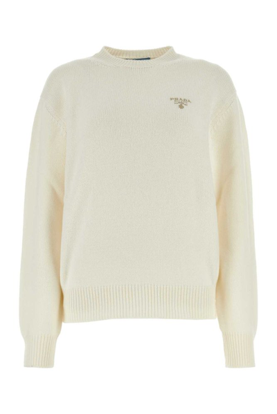 Shop Prada Logo Embroidered Round Neck Sweater In White