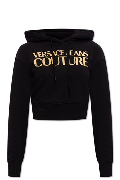 Shop Versace Jeans Couture Logo Print Cropped Hoodie In Black