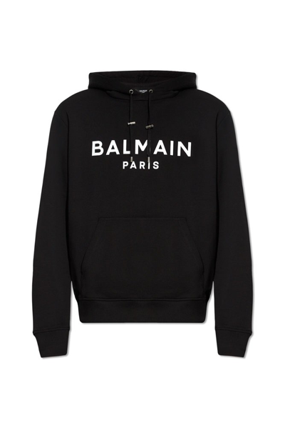 Shop Balmain Logo Printed Drawstring Hoodie In Black