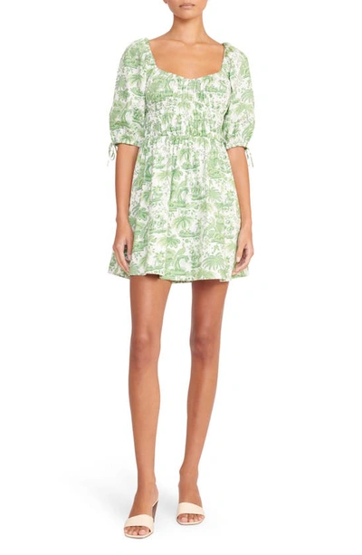 Shop Staud Faye Puff Sleeve Stretch Cotton Minidress In Clover Toile