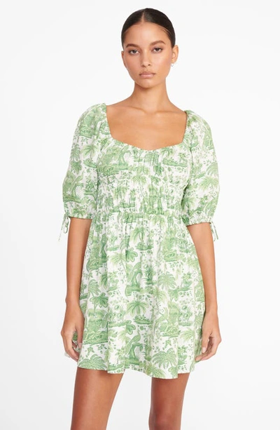 Shop Staud Faye Puff Sleeve Stretch Cotton Minidress In Clover Toile