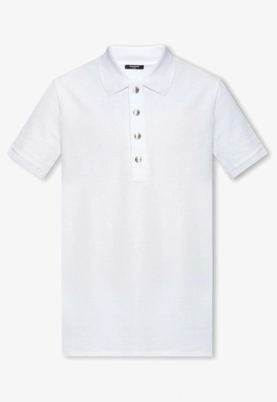Balmain Monogrammed Textured Fabric Polo Shirt With Metal Buttons In White