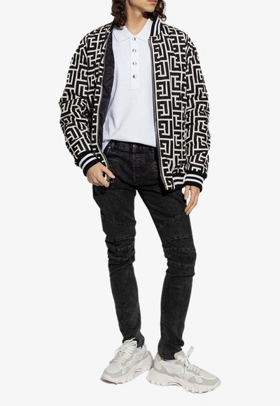 Balmain Monogrammed Textured Fabric Polo Shirt With Metal Buttons In White