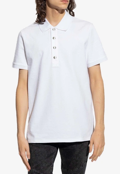 Balmain Monogrammed Textured Fabric Polo Shirt With Metal Buttons In White