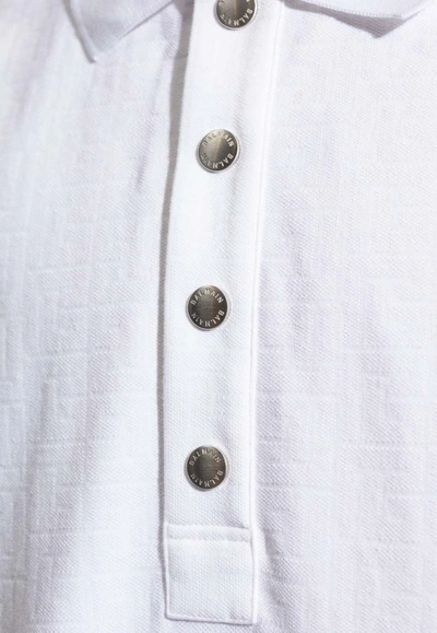 Balmain Monogrammed Textured Fabric Polo Shirt With Metal Buttons In White