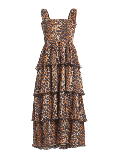 Shop Ganni Women's Leopard Pleated Georgette Flounce Smock Midi Dress In Brown