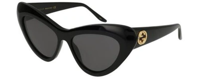 Pre-owned Gucci Gg0895s Women's Cat Eye Designer Sunglasses In Gloss Black Gold/grey 54 Mm In Multicolor