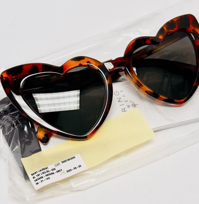 Pre-owned Saint Laurent Authentic Loulou 181 Sl181 Marble Havana Brown Heart Sunglass 006 In Gray