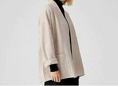 Pre-owned Eileen Fisher System High Collar Boiled Wool Kimono Jacket Maple Oat Sz Xl In Beige