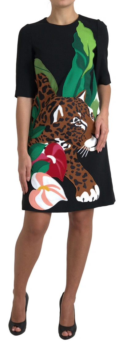 Pre-owned Dolce & Gabbana Dress Black Tiger Jungle Print Sheath Stretch It38/us4 /xs $3500