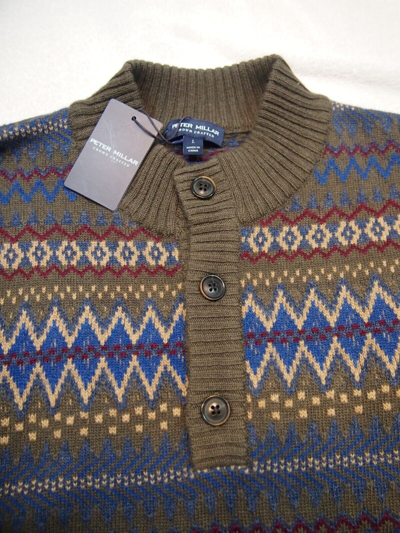 Pre-owned Peter Millar Crown Crafted Fair Isle Button Mock Sweater Large $398 Balsam In Multicolor