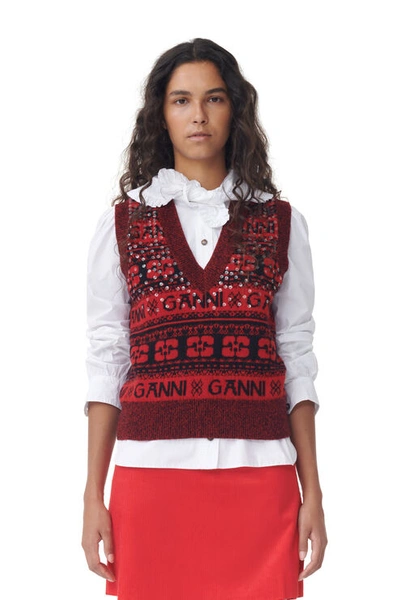 Shop Ganni Red Sequins Logo Wool Mix Vest In High Risk Red
