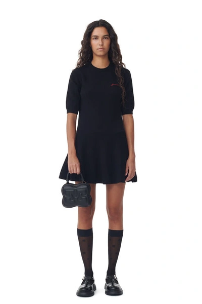 Shop Ganni Logo Wool Mix Mini Dress In Black