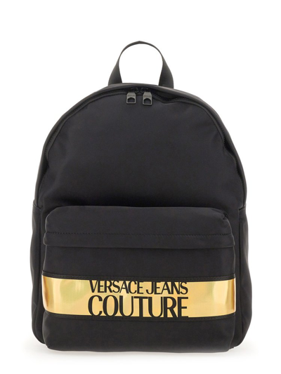 Shop Versace Jeans Couture Logo Printed Zipped Backpack In Black