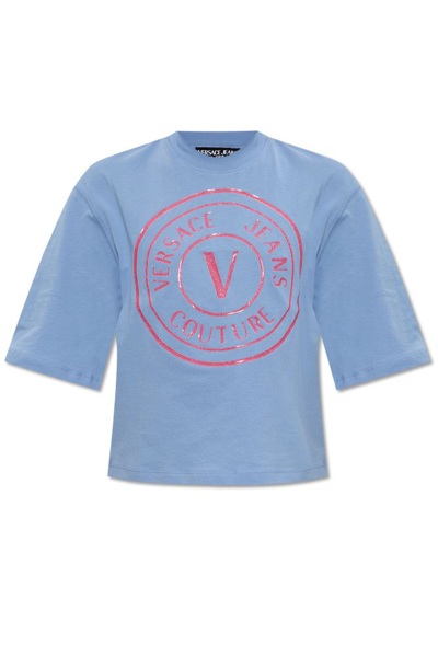 Shop Versace Jeans Couture Logo Printed Crewneck T In Blue