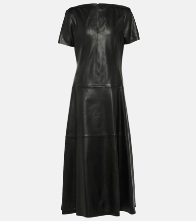 Shop Dorothee Schumacher V-neck Leather Midi Dress In Black