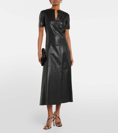 Shop Dorothee Schumacher V-neck Leather Midi Dress In Black