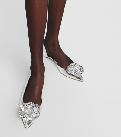 Aquazzura Paris Rose Metallic Leather Ballet Flats In Silver