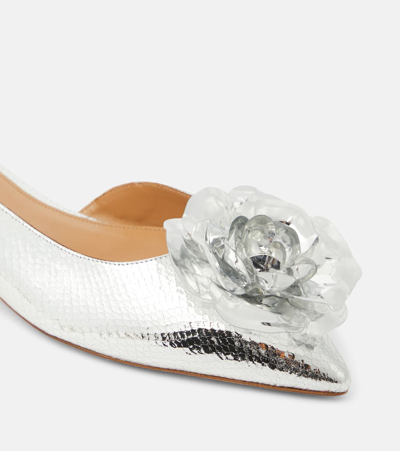 Aquazzura Paris Rose Metallic Leather Ballet Flats In Silver