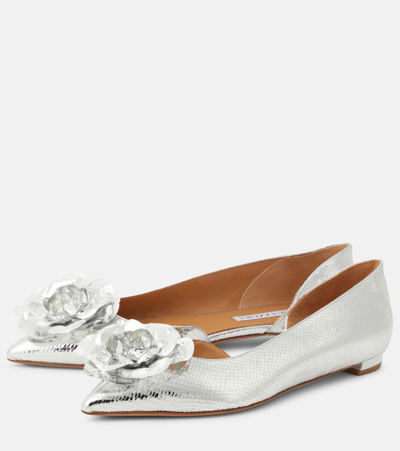 Aquazzura Paris Rose Metallic Leather Ballet Flats In Silver