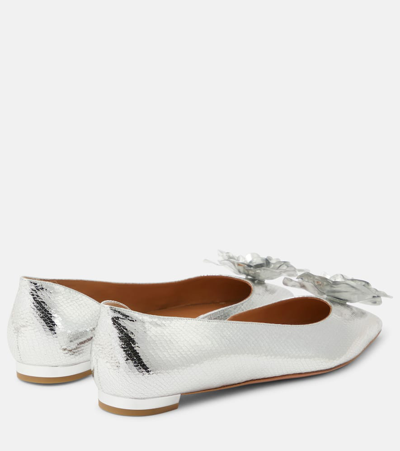 Aquazzura Paris Rose Metallic Leather Ballet Flats In Silver