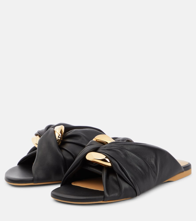 Jw Anderson Corner Chain-embellished Gathered Leather Slides In Black