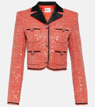 Shop Self-portrait Cropped Sequined Bouclé Jacket In Red