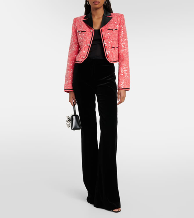 Shop Self-portrait Cropped Sequined Bouclé Jacket In Red