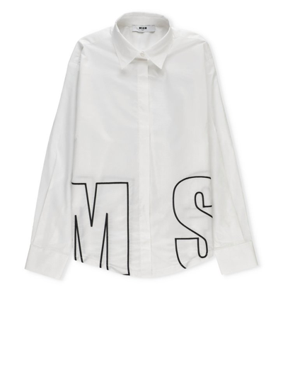 Shop Msgm Kids Logo Embroidered Asymmetric Hem Shirt In White