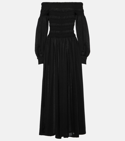 Shop Max Mara Manu Off-shoulder Virgin Wool Maxi Dress In Black